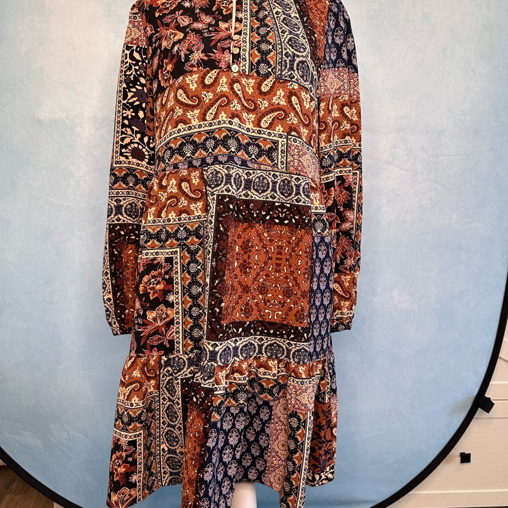 Rachel Zoe Patchwork Midi Dress in Rust and Navy